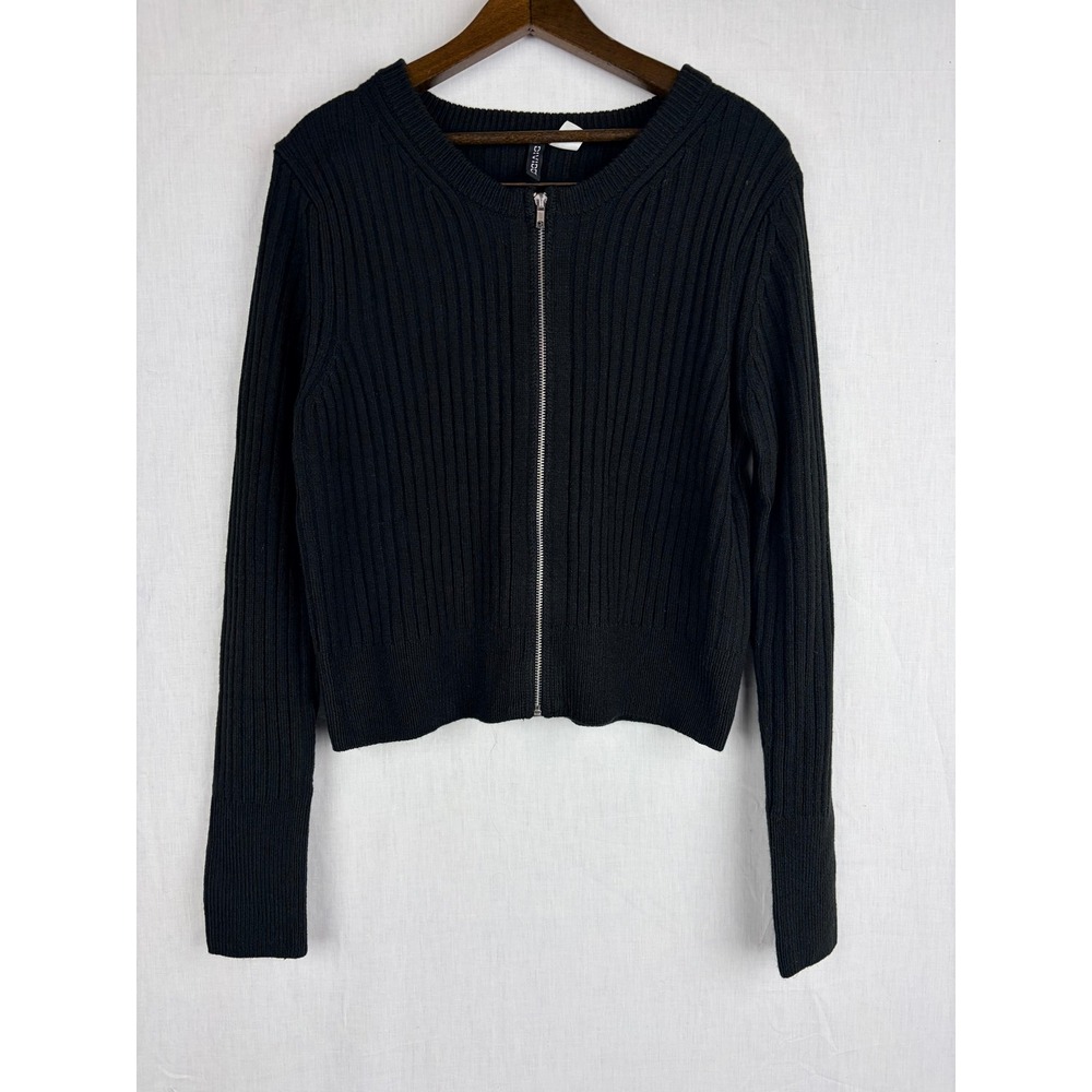 Divided Black Ribbed Full Zip‎ XL Cardigan Sweater Long Sleeve Crew Neck - Picture 2 of 14
